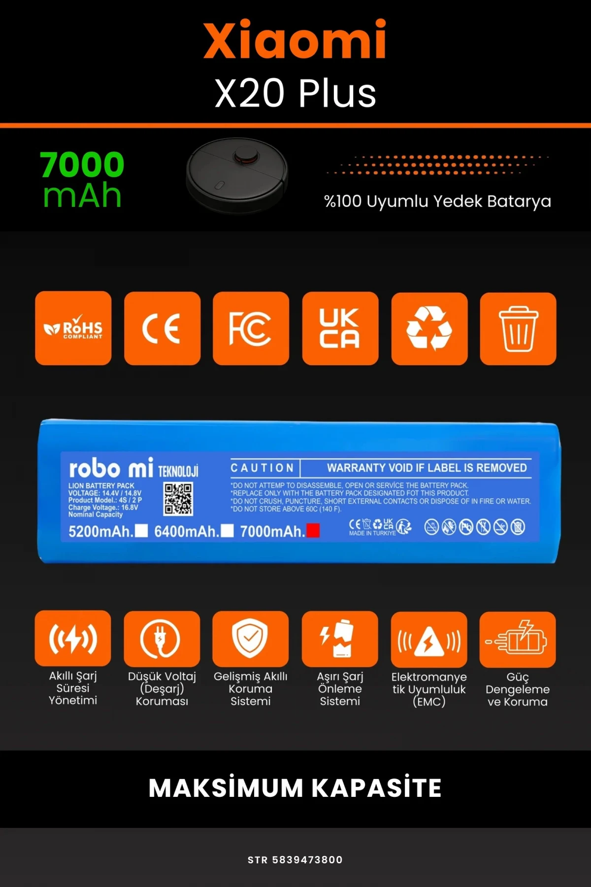 Xiaomi Robot Vacuum X20+ Plus 7000mAh Robot Süpürge Bataryası - Gerçek Kapasite, Maksimum Güvenlik