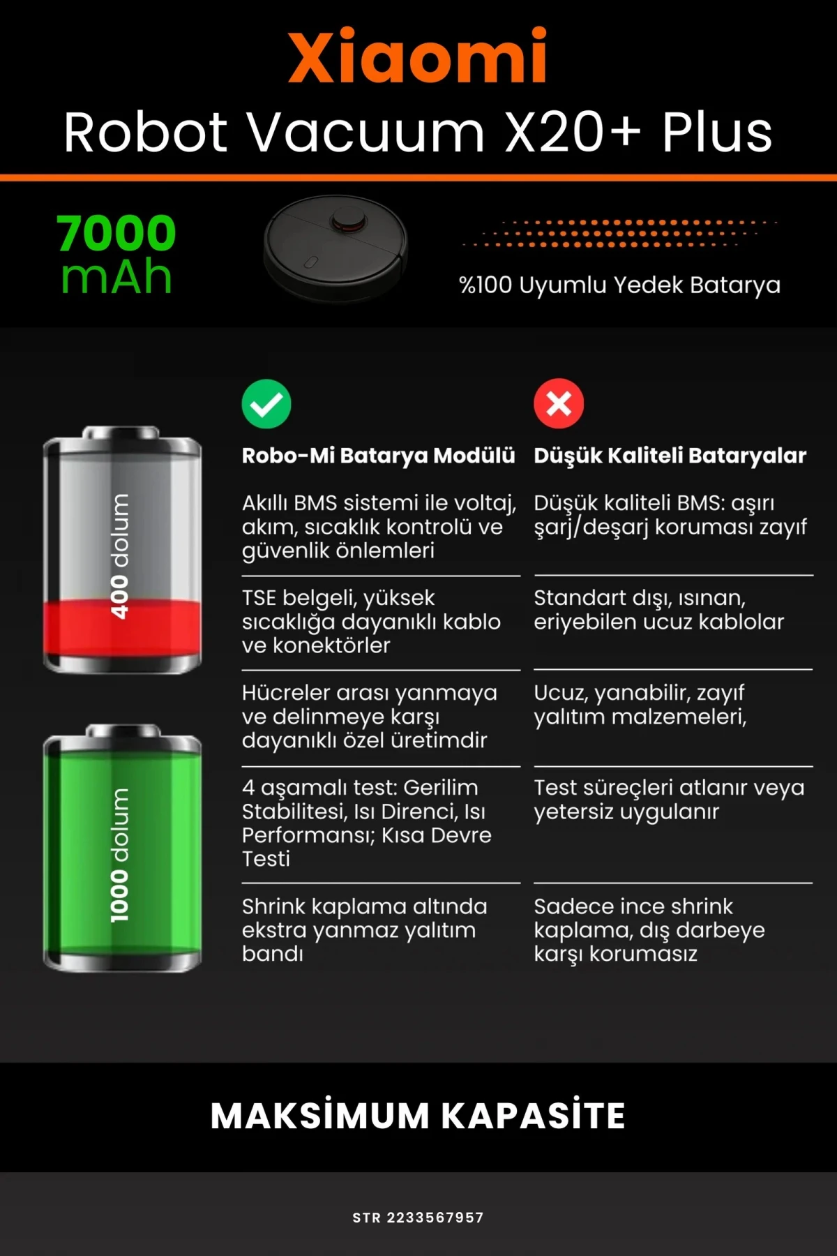 Xiaomi Robot Vacuum X20+ Plus 7000mAh Robot Süpürge Bataryası - Gerçek Kapasite, Maksimum Güvenlik