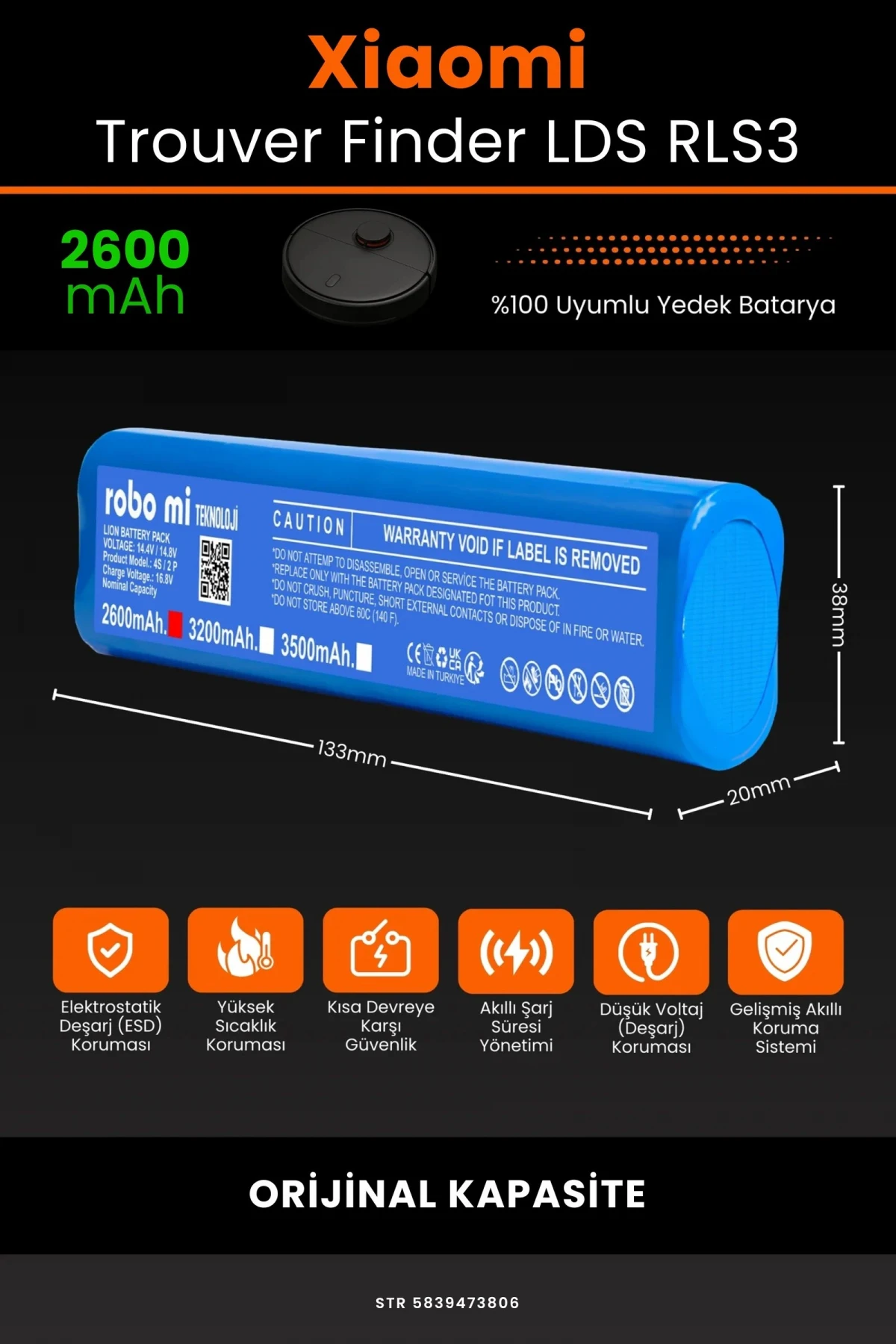 Xiaomi Trouver Finder LDS RLS3 2600mAh Robot Süpürge Bataryası - Gerçek Kapasite, Maksimum Güvenlik