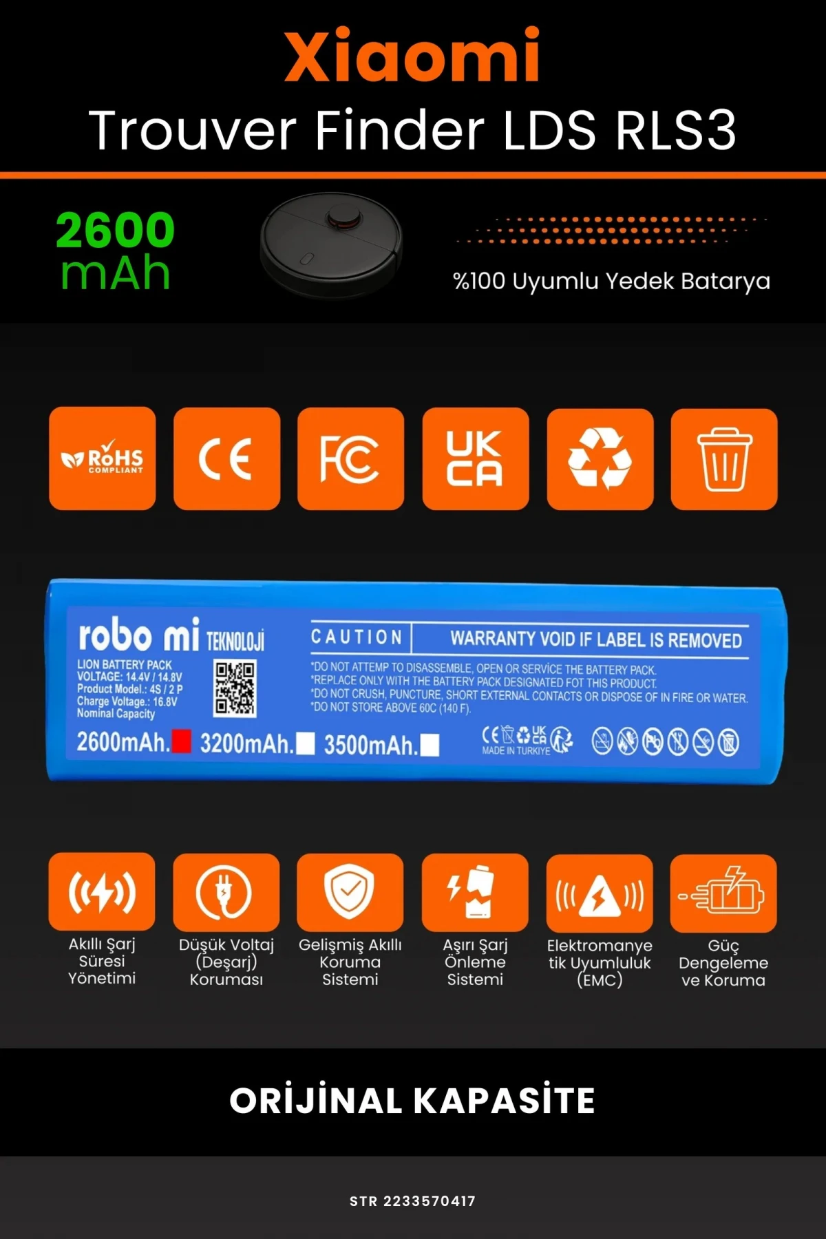 Xiaomi Trouver Finder LDS RLS3 2600mAh Robot Süpürge Bataryası - Gerçek Kapasite, Maksimum Güvenlik