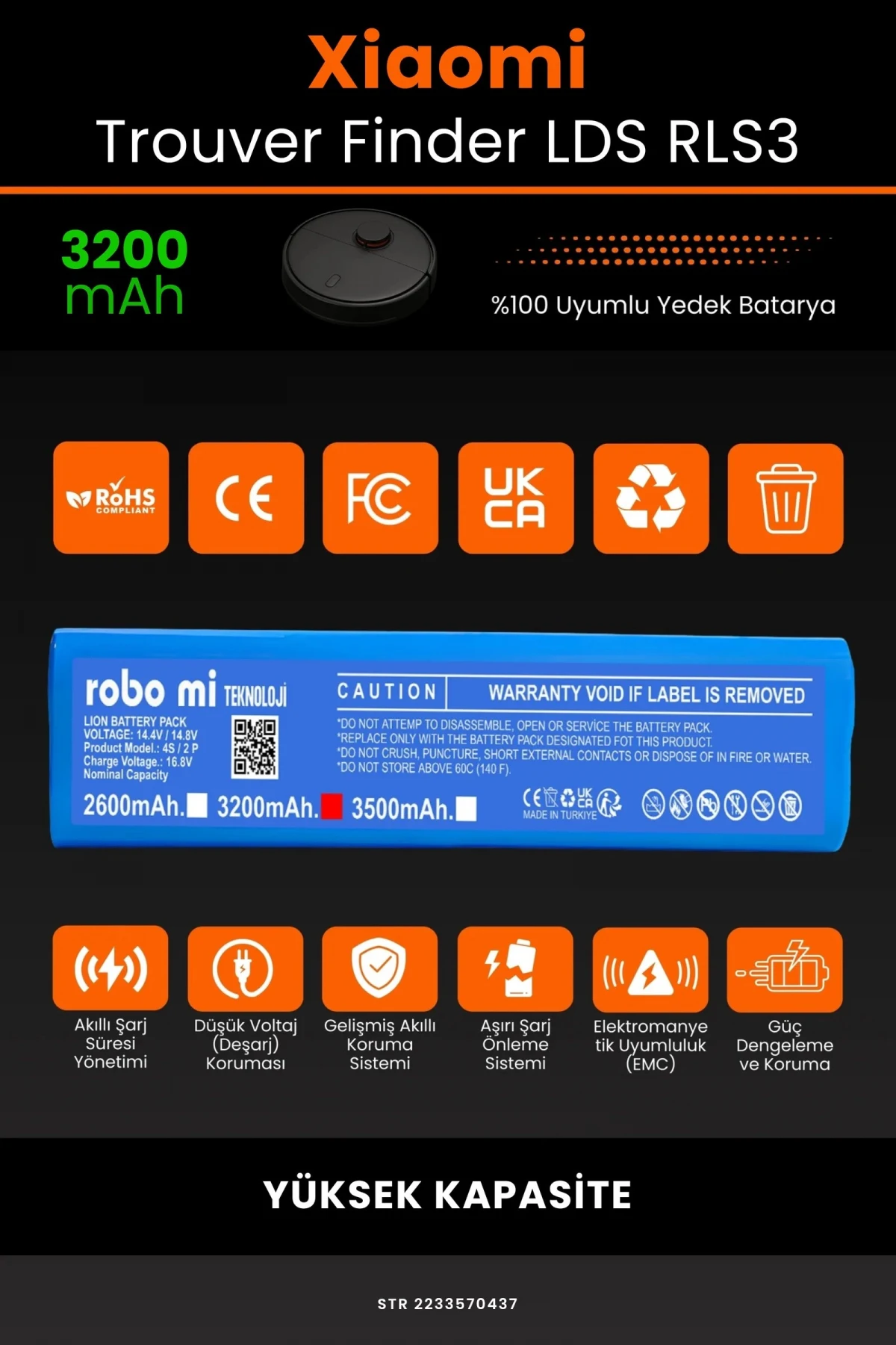 Xiaomi Trouver Finder LDS RLS3 3200mAh Robot Süpürge Bataryası - Gerçek Kapasite, Maksimum Güvenlik