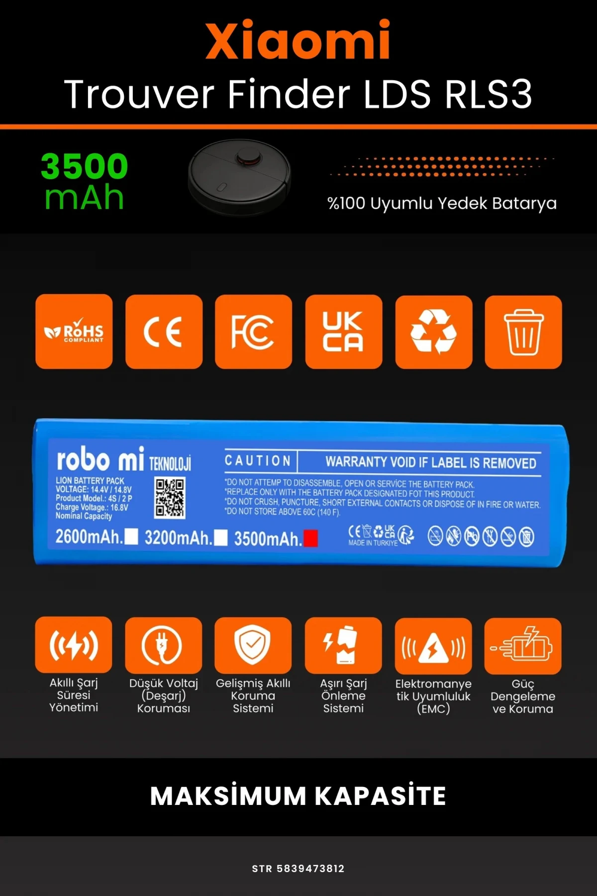 Xiaomi Trouver Finder LDS RLS3 3500mAh Robot Süpürge Bataryası - Gerçek Kapasite, Maksimum Güvenlik