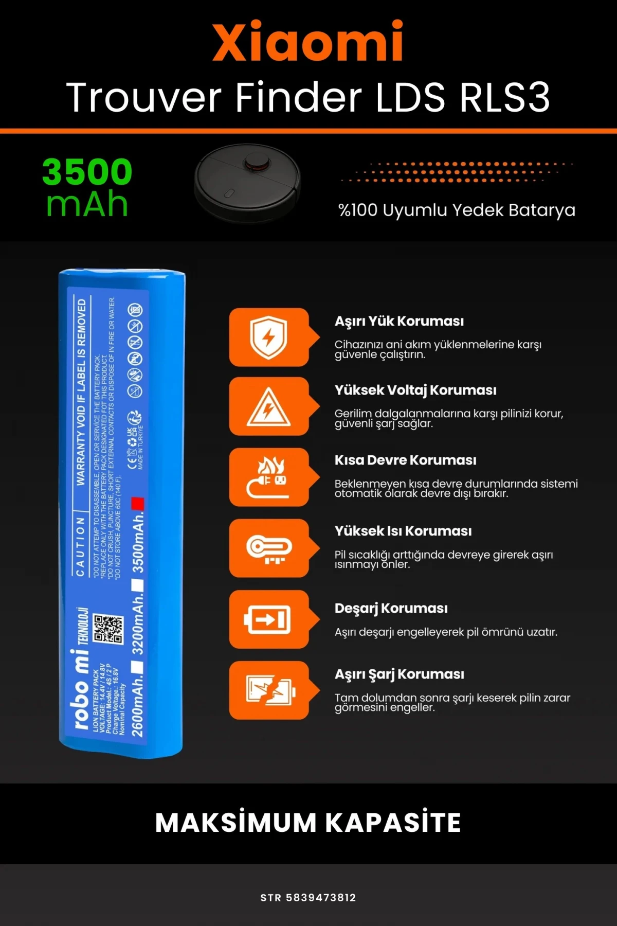 Xiaomi Trouver Finder LDS RLS3 3500mAh Robot Süpürge Bataryası - Gerçek Kapasite, Maksimum Güvenlik