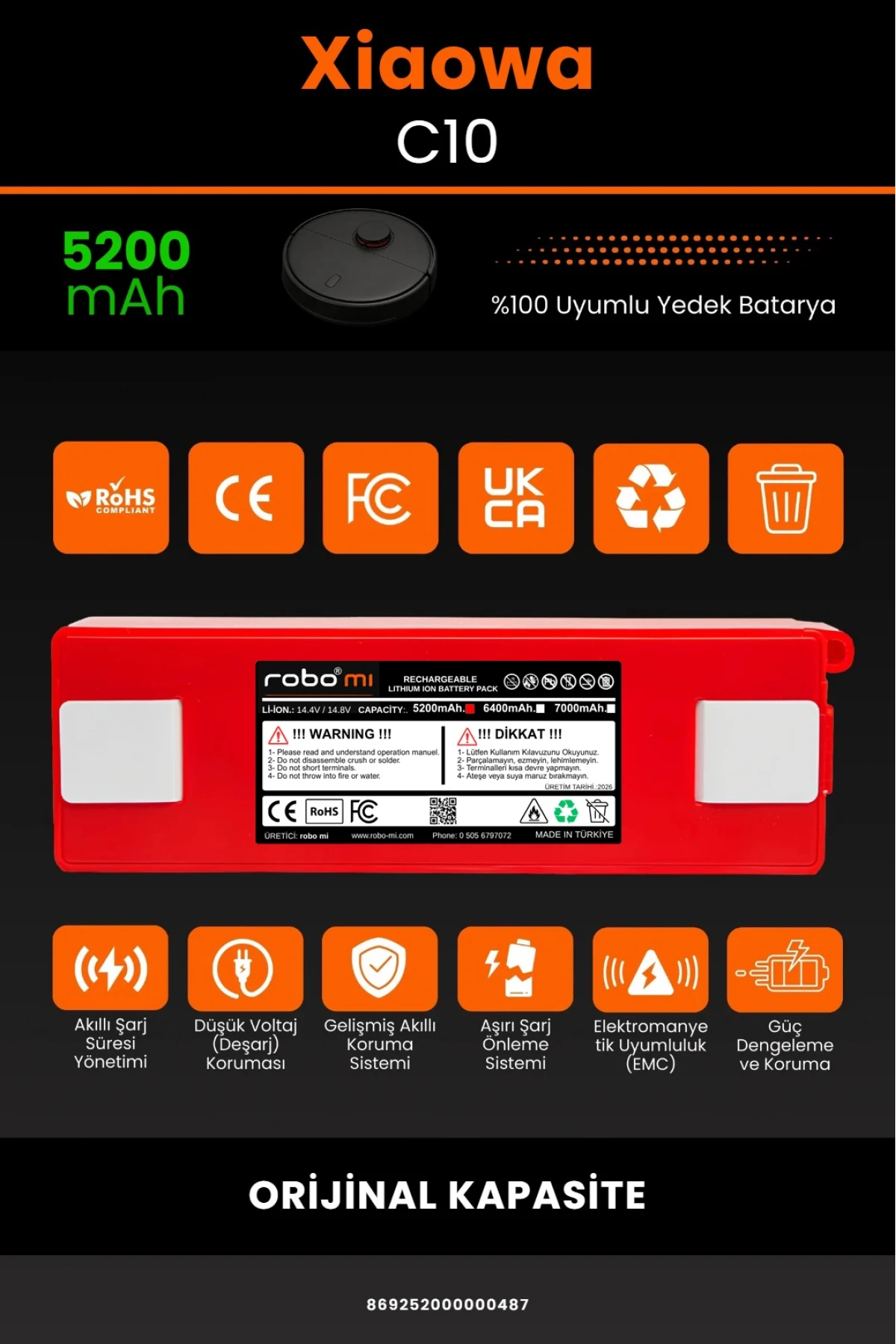 Xiaowa Robot Vacuum C10 Uyumlu 5200mAh Robot Süpürge Bataryası - BOX - Orijinal Kapasite