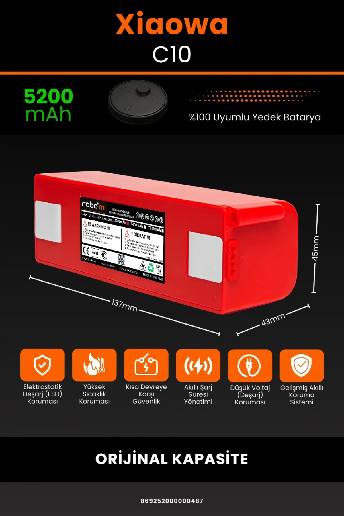 Xiaowa Robot Vacuum C10 Uyumlu 5200mAh Robot Süpürge Bataryası - BOX - Orijinal Kapasite