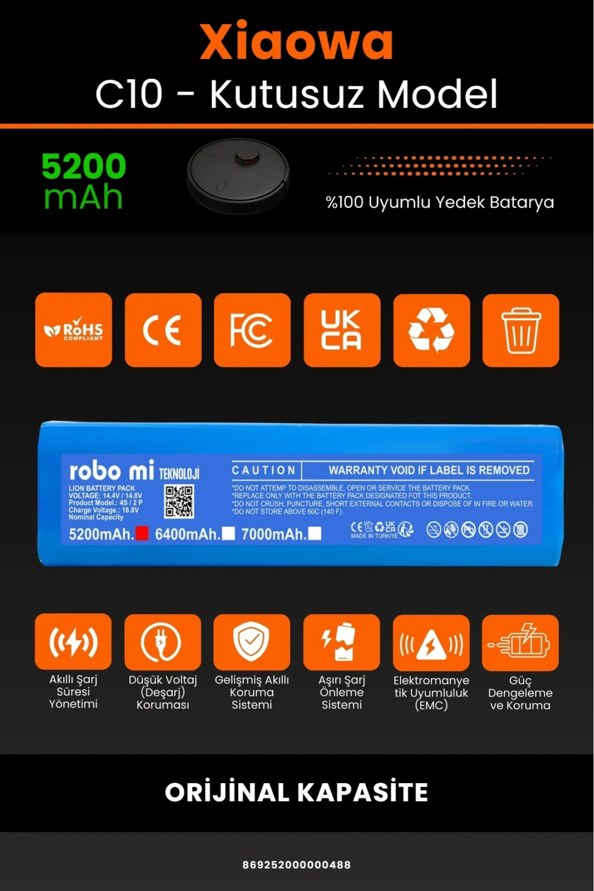 Xiaowa Robot Vacuum C10 Uyumlu 5200mAh Robot Süpürge Bataryası - Kutusuz Model - Orijinal Kapasite