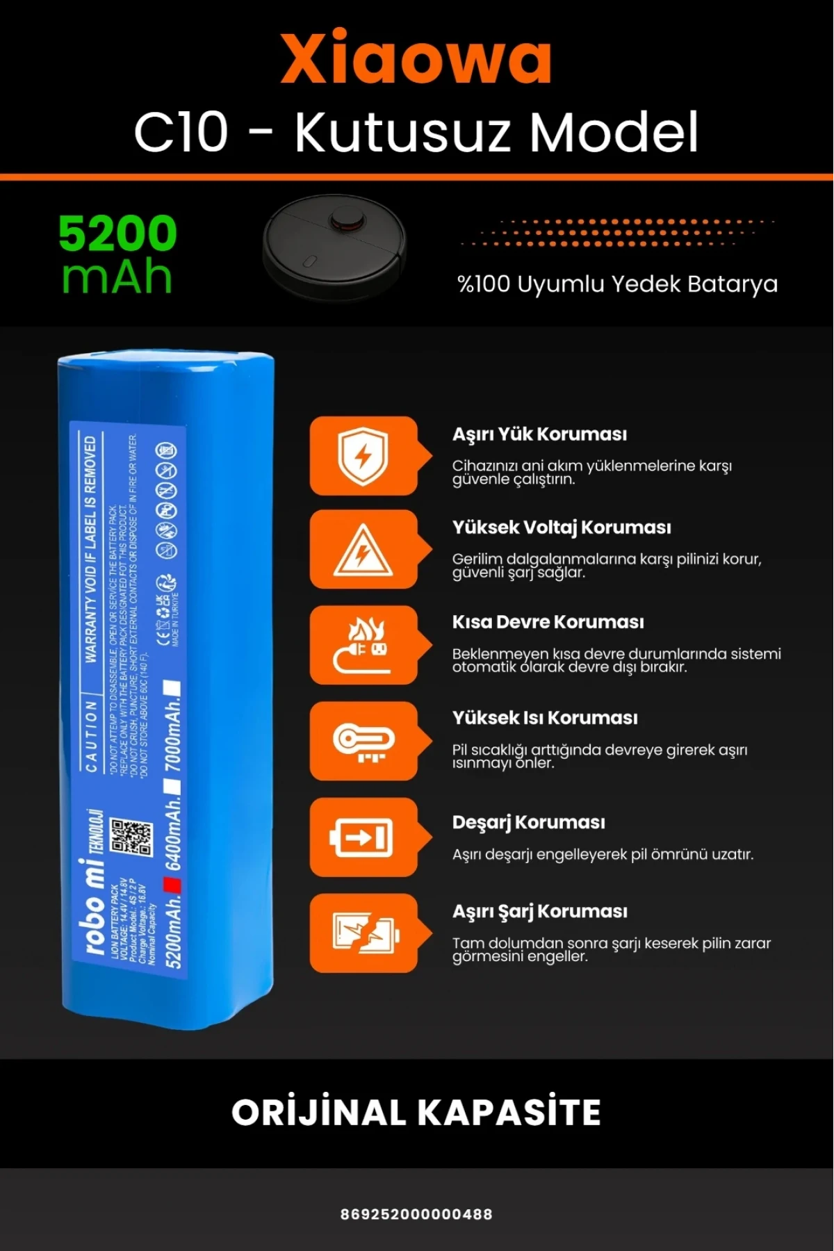 Xiaowa Robot Vacuum C10 Uyumlu 5200mAh Robot Süpürge Bataryası - Kutusuz Model - Orijinal Kapasite