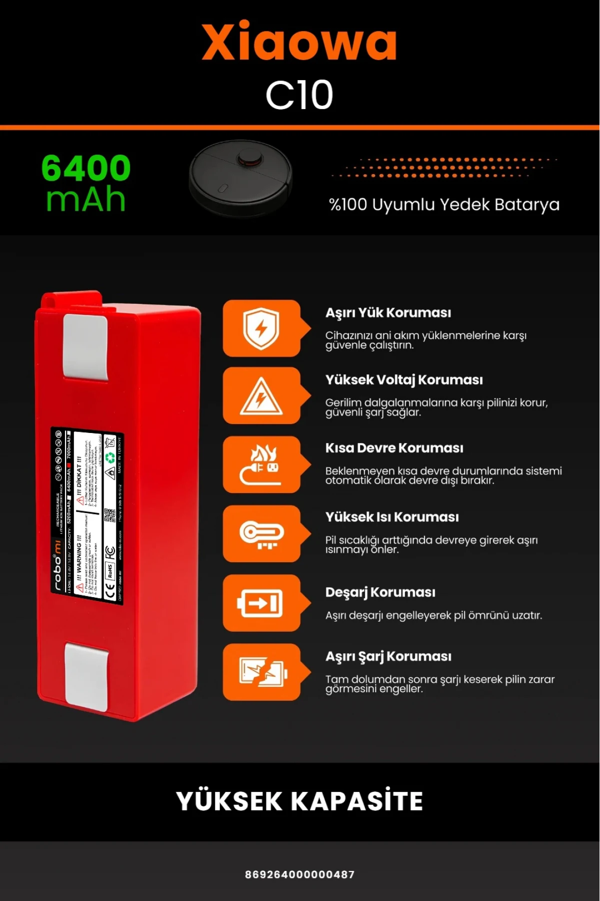 Xiaowa Robot Vacuum C10 Uyumlu 6400mAh Robot Süpürge Bataryası - BOX - Yüksek Kapasite