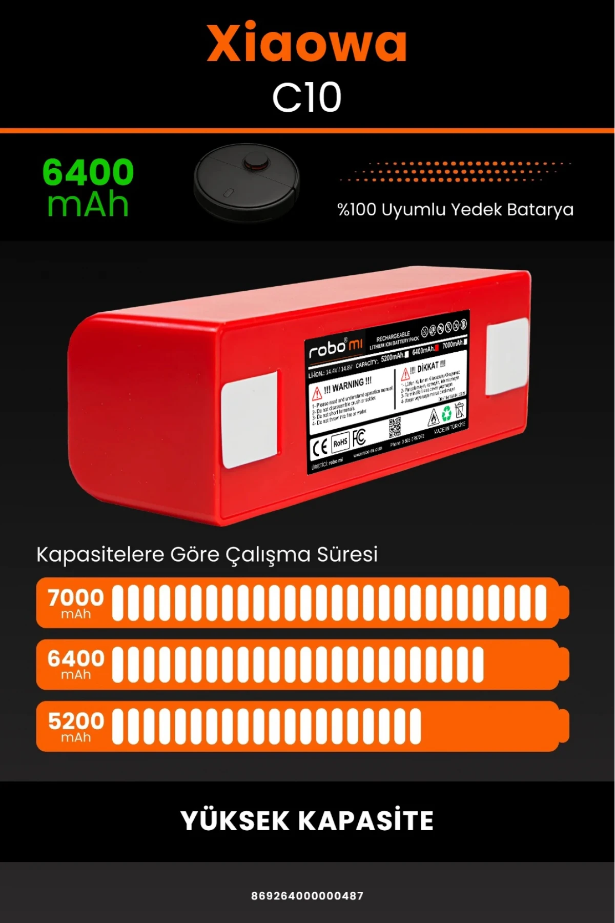 Xiaowa Robot Vacuum C10 Uyumlu 6400mAh Robot Süpürge Bataryası - BOX - Yüksek Kapasite
