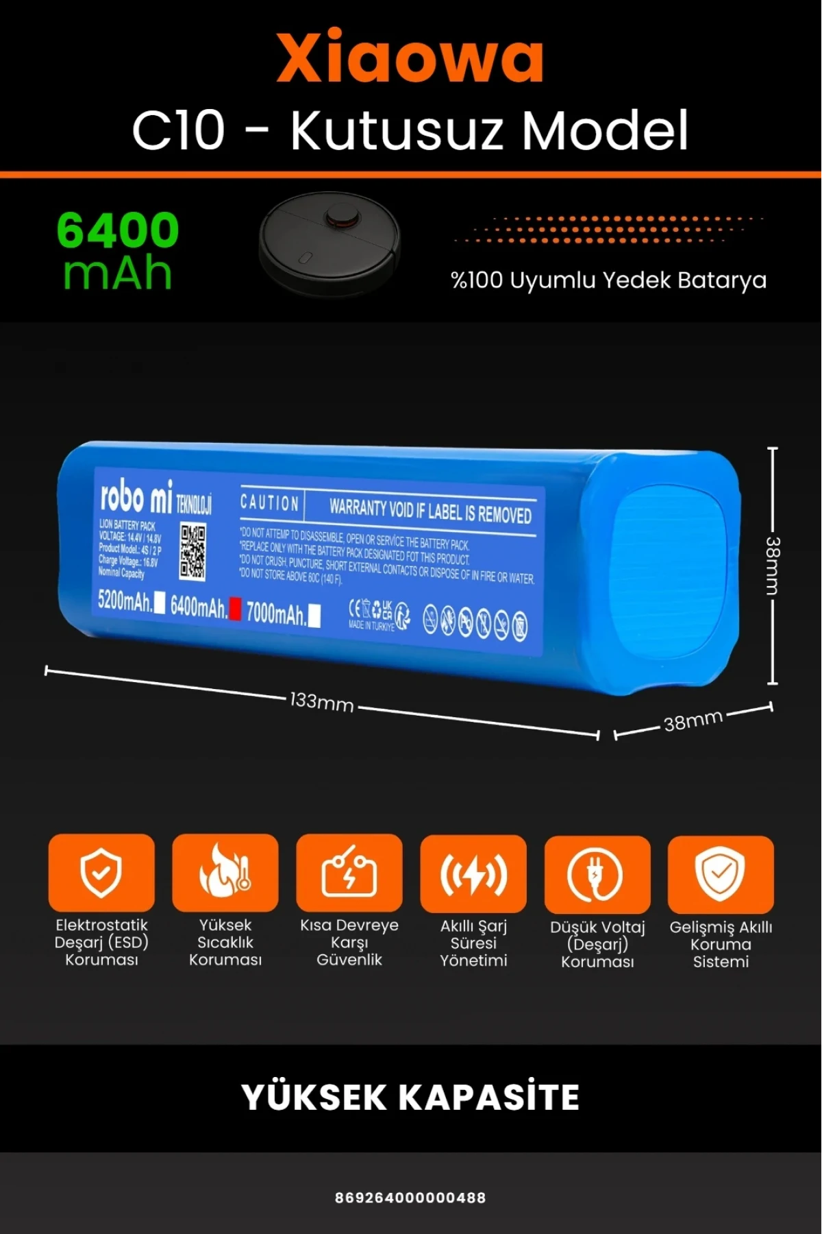 Xiaowa Robot Vacuum C10 Uyumlu 6400mAh Robot Süpürge Bataryası - Kutusuz Model - Yüksek Kapasite