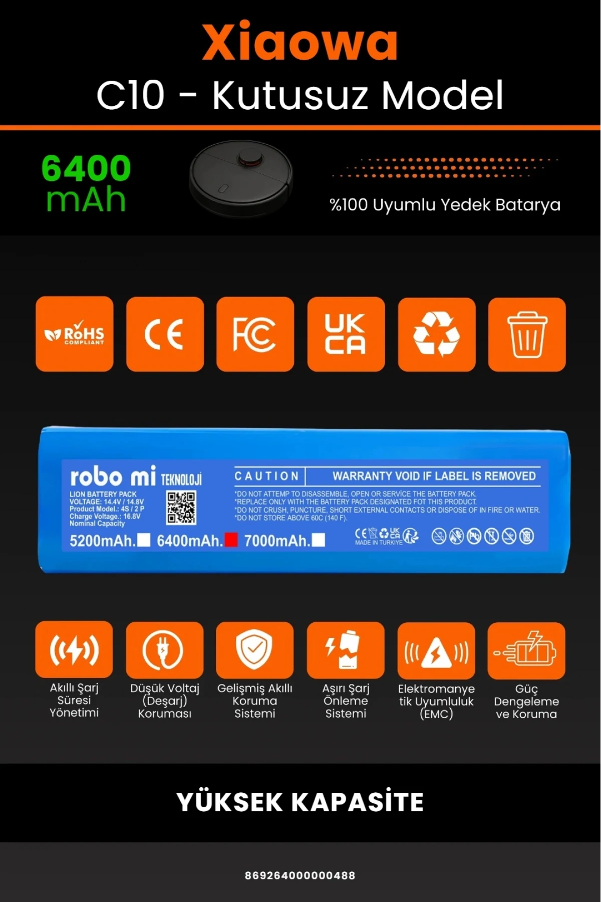 Xiaowa Robot Vacuum C10 Uyumlu 6400mAh Robot Süpürge Bataryası - Kutusuz Model - Yüksek Kapasite