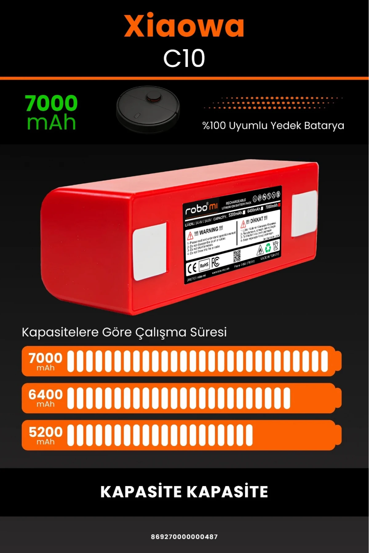 Xiaowa Robot Vacuum C10 Uyumlu 7000mAh Robot Süpürge Bataryası - BOX - Maksimum Kapasite