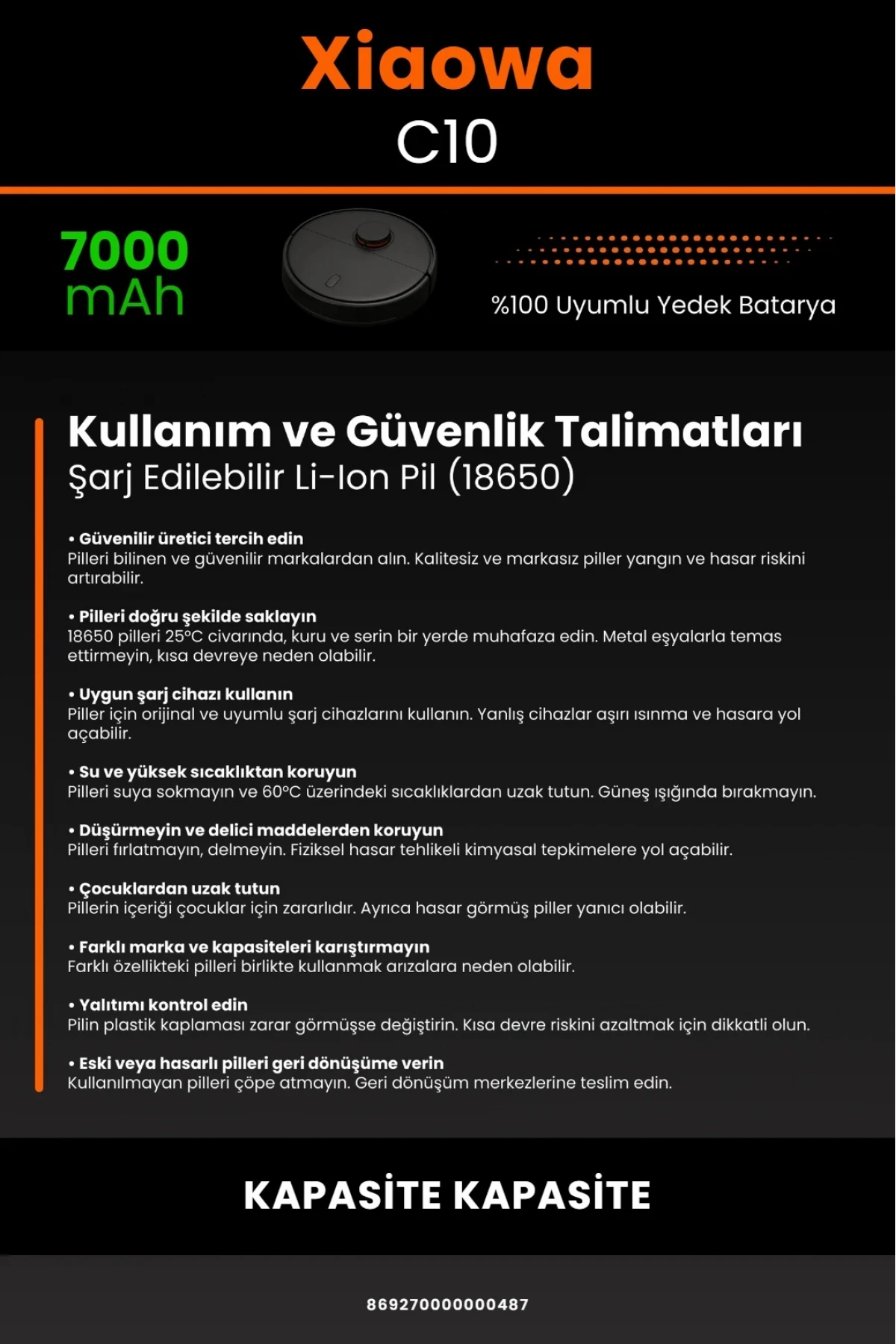 Xiaowa Robot Vacuum C10 Uyumlu 7000mAh Robot Süpürge Bataryası - BOX - Maksimum Kapasite
