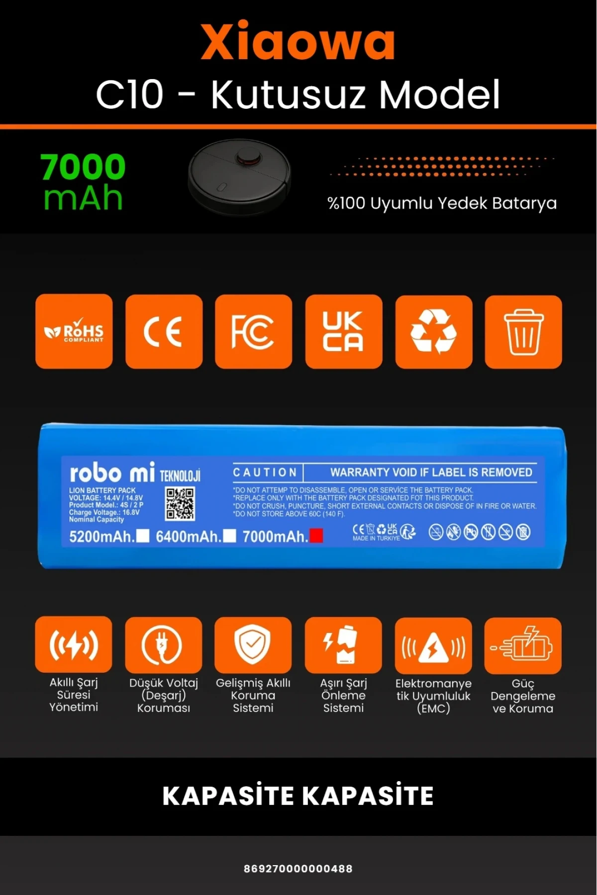 Xiaowa Robot Vacuum C10 Uyumlu 7000mAh Robot Süpürge Bataryası - Kutusuz Model - Maksimum Kapasite