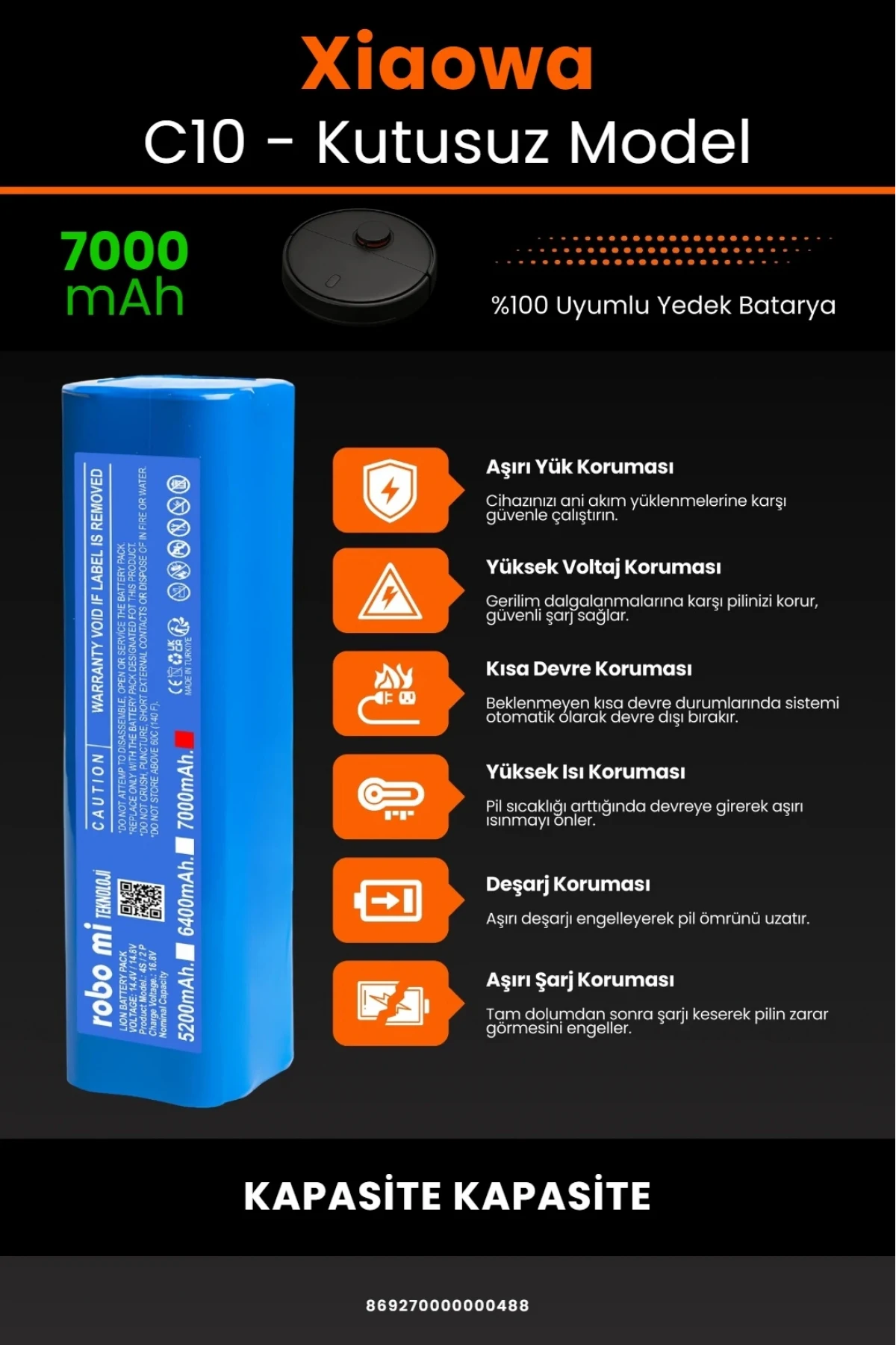 Xiaowa Robot Vacuum C10 Uyumlu 7000mAh Robot Süpürge Bataryası - Kutusuz Model - Maksimum Kapasite