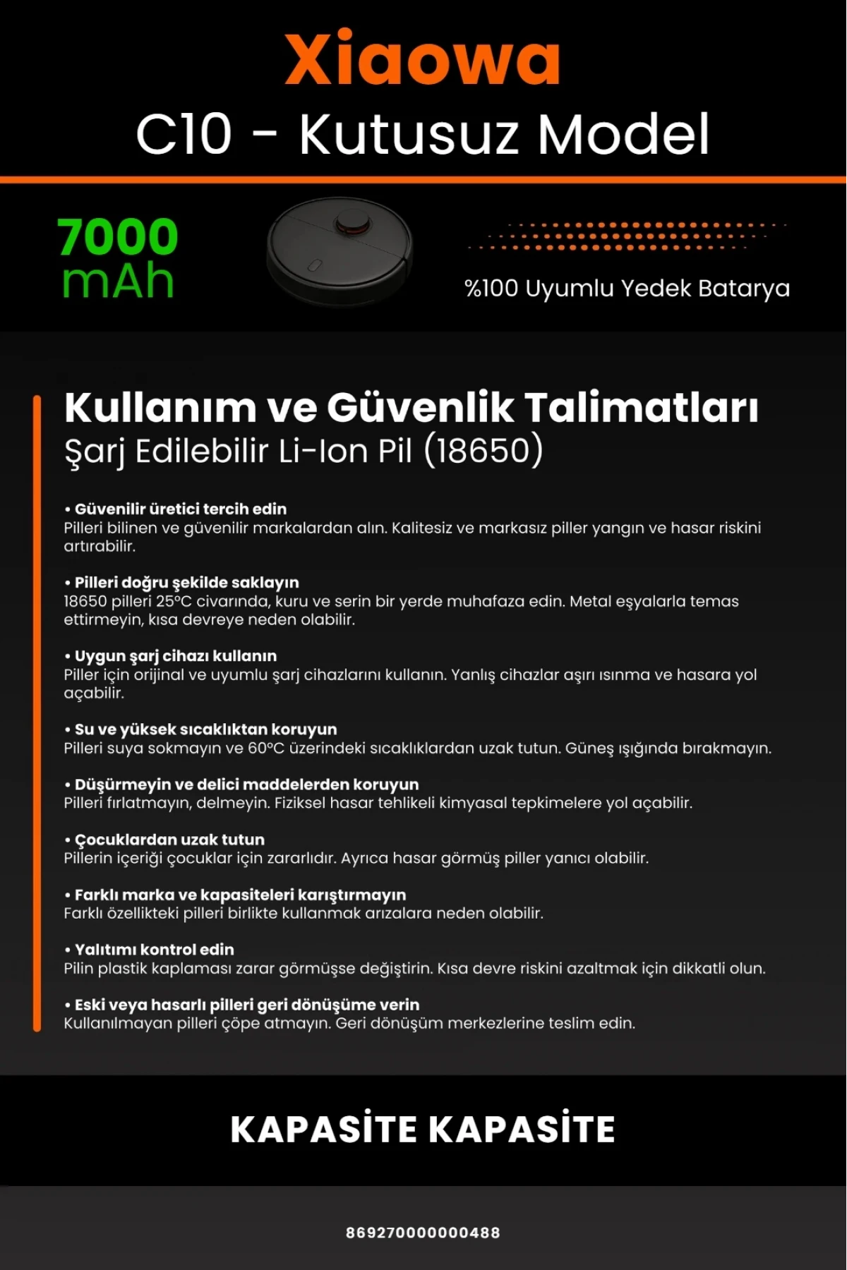 Xiaowa Robot Vacuum C10 Uyumlu 7000mAh Robot Süpürge Bataryası - Kutusuz Model - Maksimum Kapasite