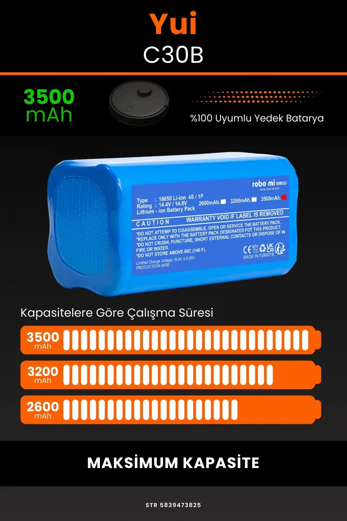 Yui C30B 3500mAh Robot Süpürge Bataryası - Gerçek Kapasite, Maksimum Güvenlik