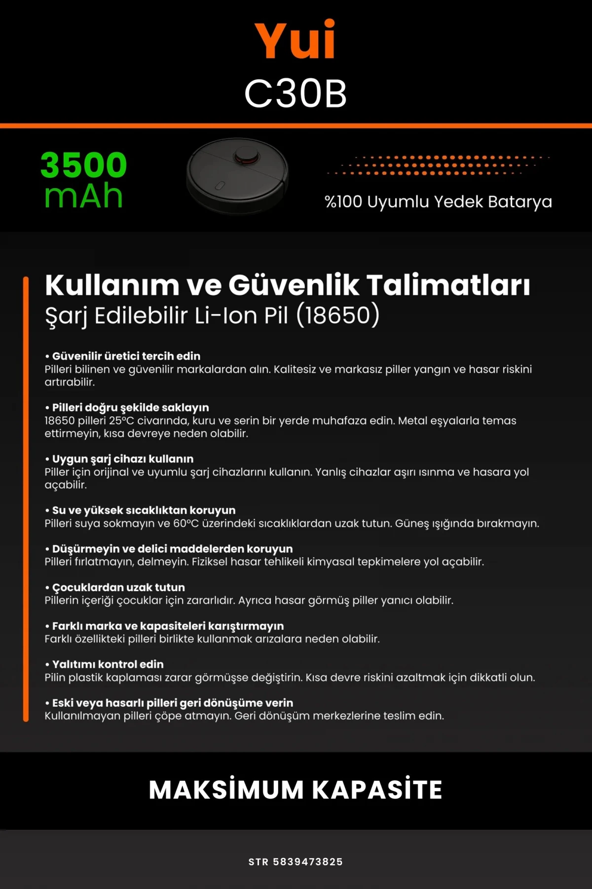 Yui C30B 3500mAh Robot Süpürge Bataryası - Gerçek Kapasite, Maksimum Güvenlik