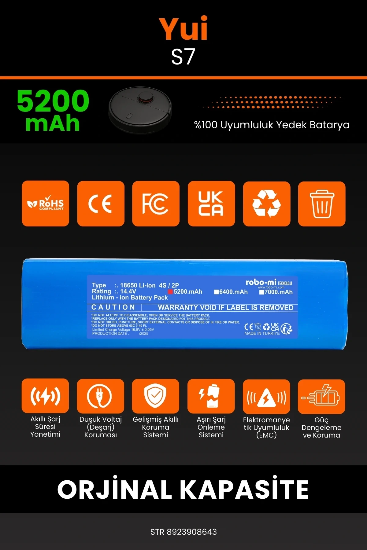 Yui S7 5200mAh Robot Süpürge Bataryası - Koruma Katmanlı Batarya Teknolojisi