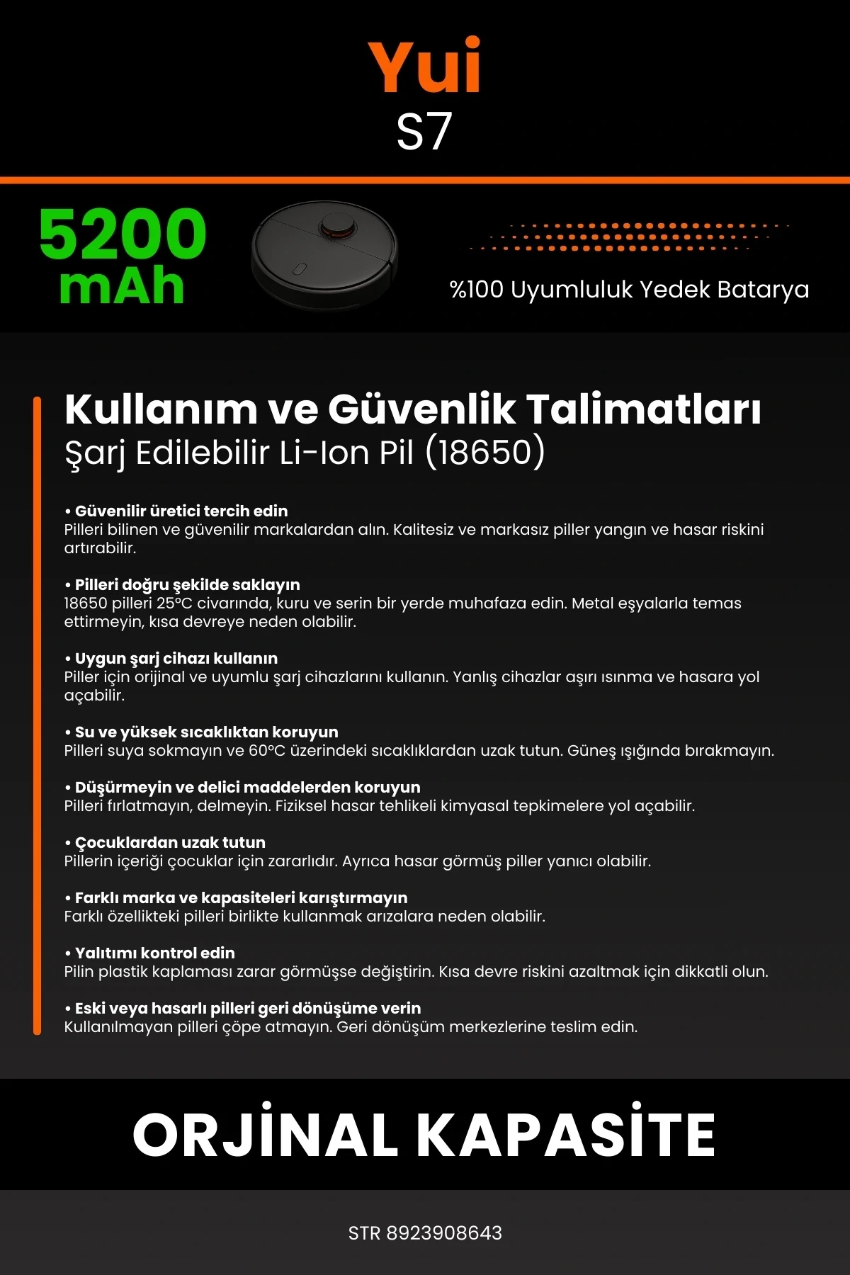 Yui S7 5200mAh Robot Süpürge Bataryası - Koruma Katmanlı Batarya Teknolojisi
