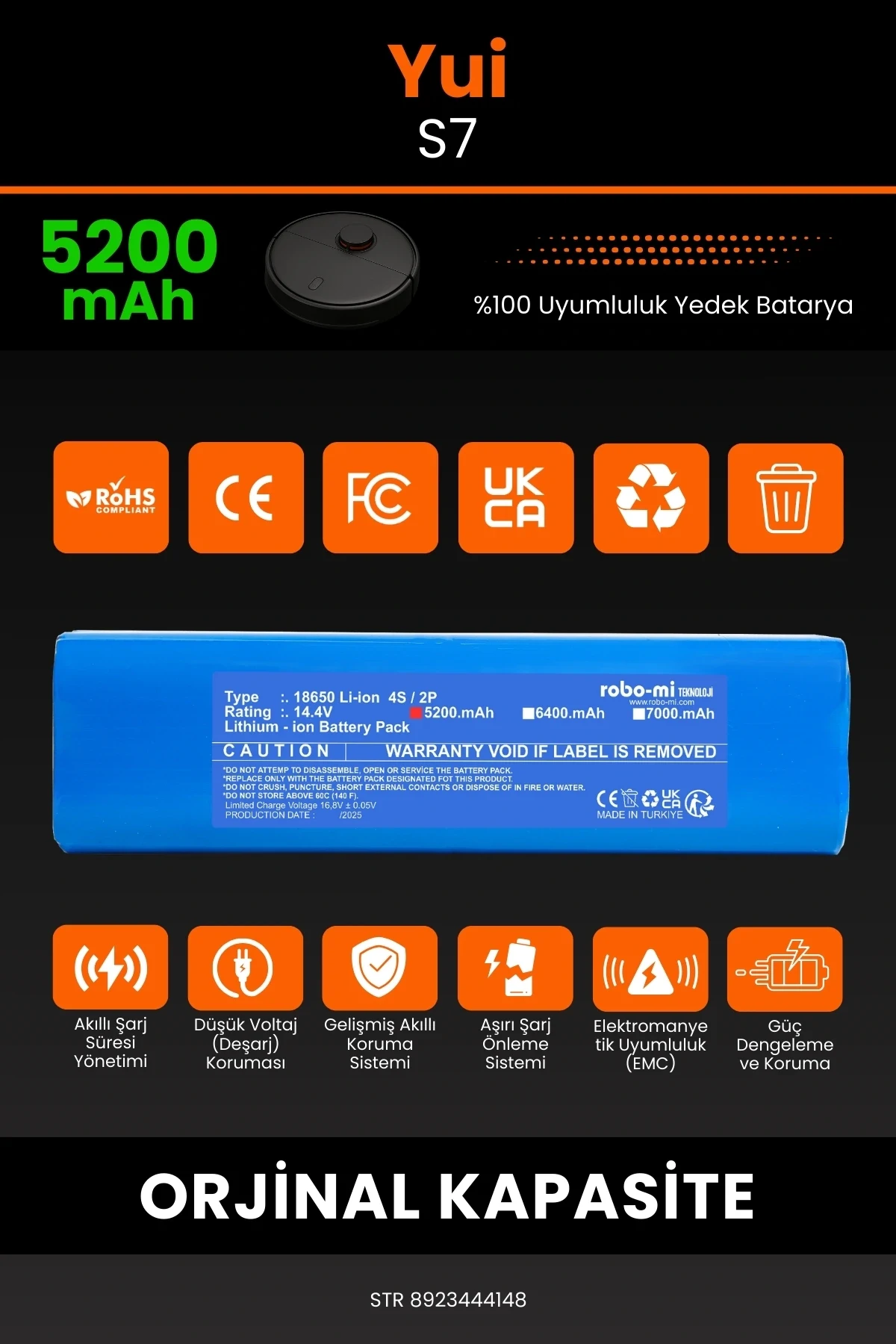 Yui S7 5200mAh Robot Süpürge Bataryası - Sertifikalı Güvenlik, Gerçek Kapasite