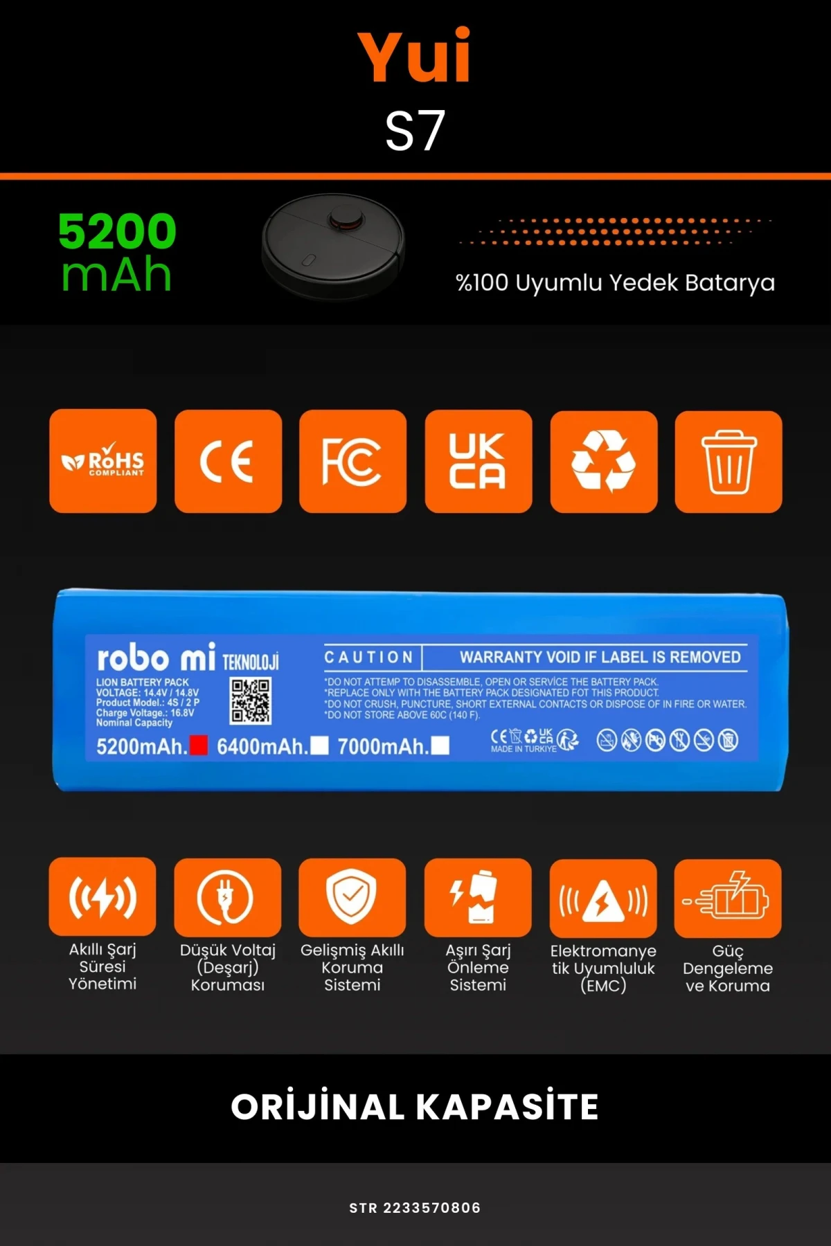 Yui S7 5200mAh Robot Süpürge Bataryası - Sertifikalı Güvenlik, Gerçek Kapasite