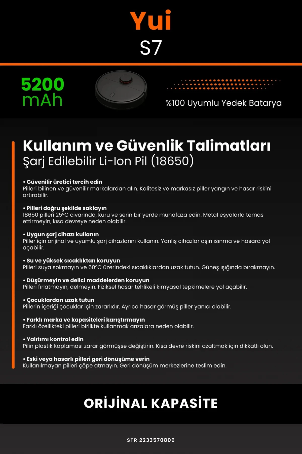 Yui S7 5200mAh Robot Süpürge Bataryası - Sertifikalı Güvenlik, Gerçek Kapasite