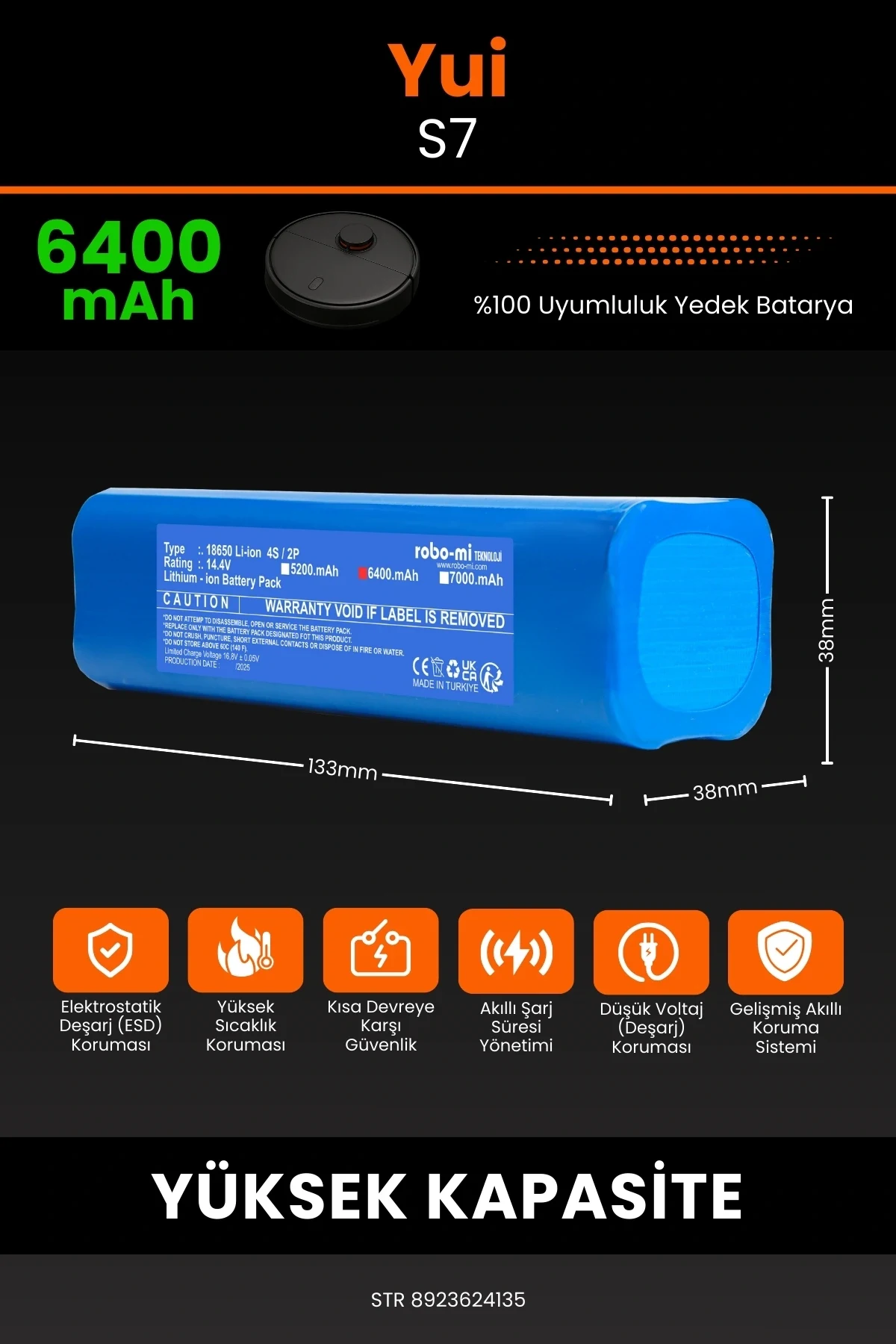 Yui S7 6400mAh Robot Süpürge Bataryası - Sertifikalı Güvenlik, Gerçek Kapasite