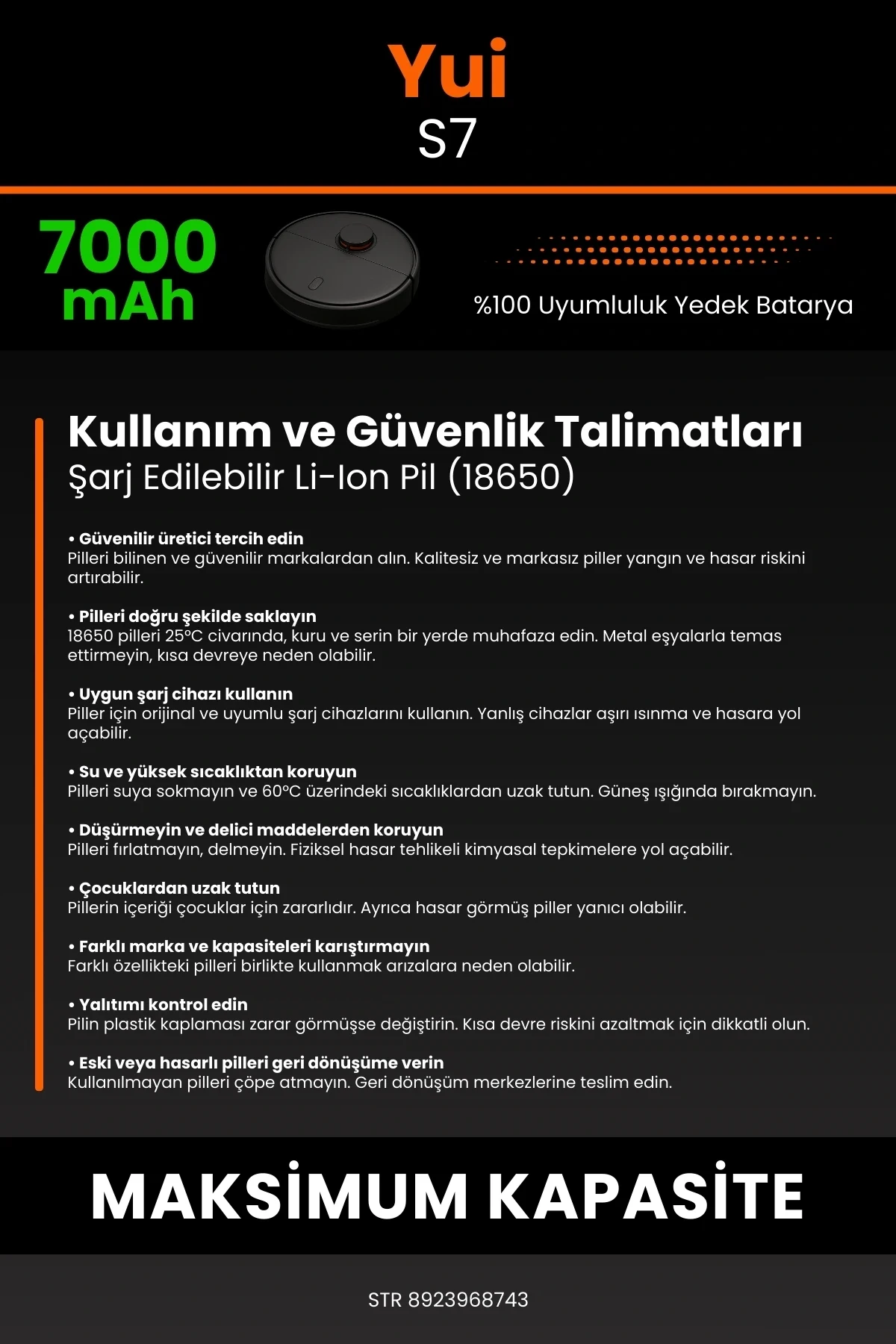 Yui S7 7000mAh Robot Süpürge Bataryası - Sertifikalı Güvenlik, Gerçek Kapasite