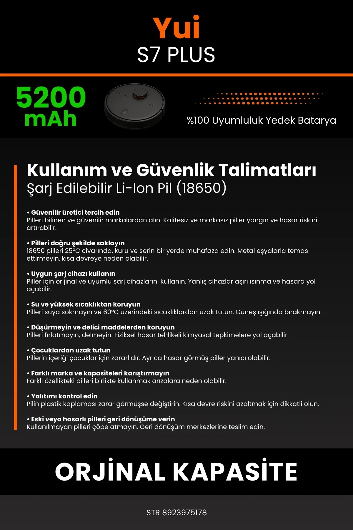 Yui S7 Plus 5200mAh Robot Süpürge Bataryası - Gerçek Kapasite, Maksimum Güvenlik