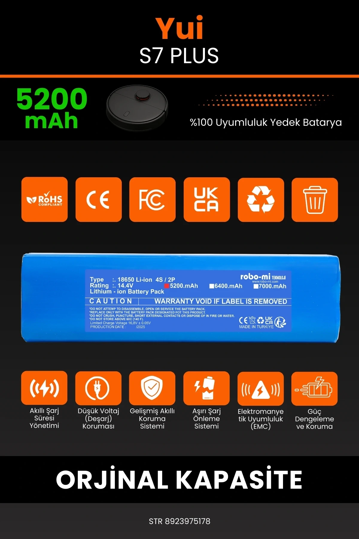 Yui S7 Plus 5200mAh Robot Süpürge Bataryası - Gerçek Kapasite, Maksimum Güvenlik