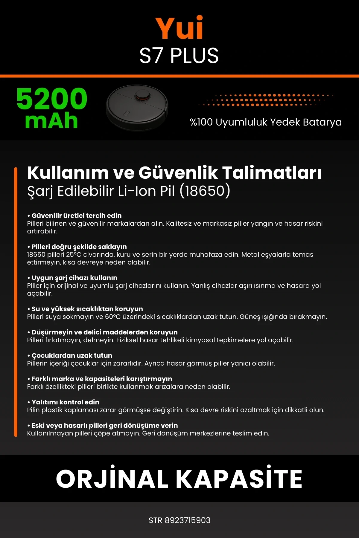 Yui S7 Plus 5200mAh Robot Süpürge Bataryası - Sertifikalı Güvenlik, Gerçek Kapasite
