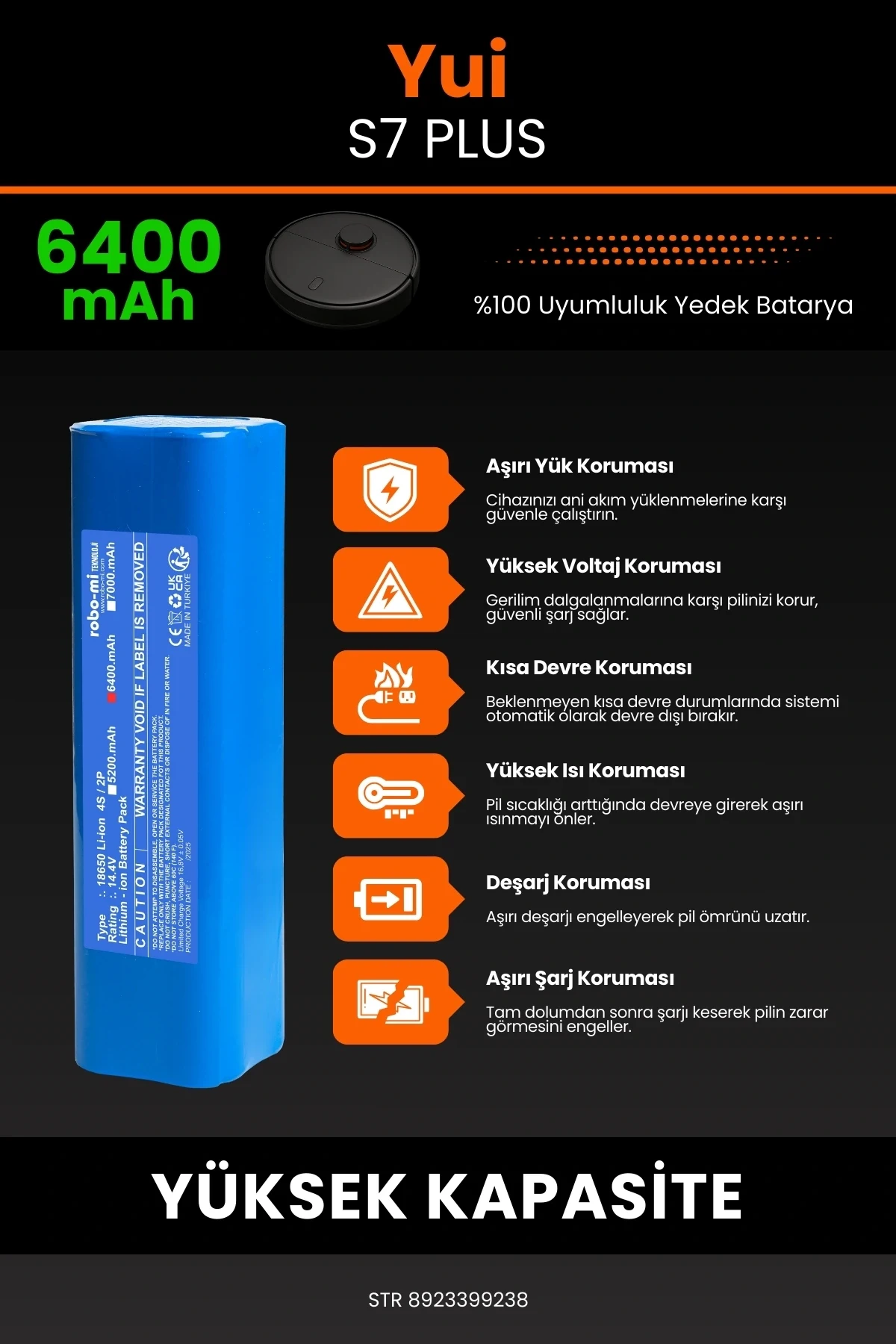 Yui S7 Plus 6400mAh Robot Süpürge Bataryası - Gerçek Kapasite, Maksimum Güvenlik