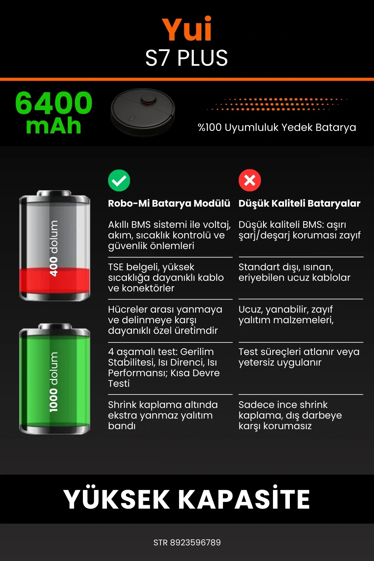 Yui S7 Plus 6400mAh Robot Süpürge Bataryası - Yüksek Yoğunluklu Li-ion Hücre