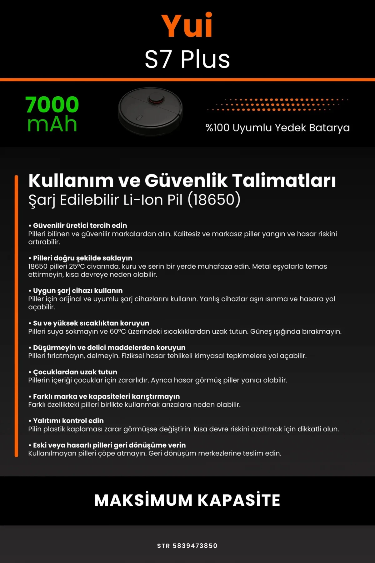 Yui S7 Plus 7000mAh Robot Süpürge Bataryası - Gerçek Kapasite, Maksimum Güvenlik
