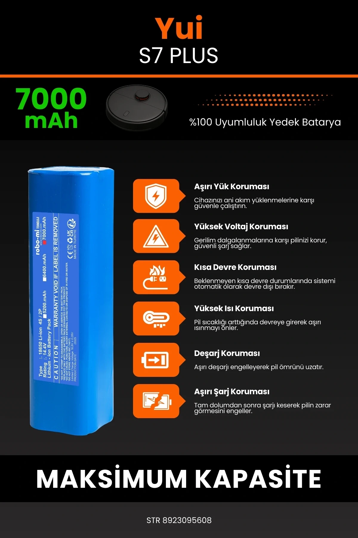 Yui S7 Plus 7000mAh Robot Süpürge Bataryası - Gerçek Kapasite, Maksimum Güvenlik