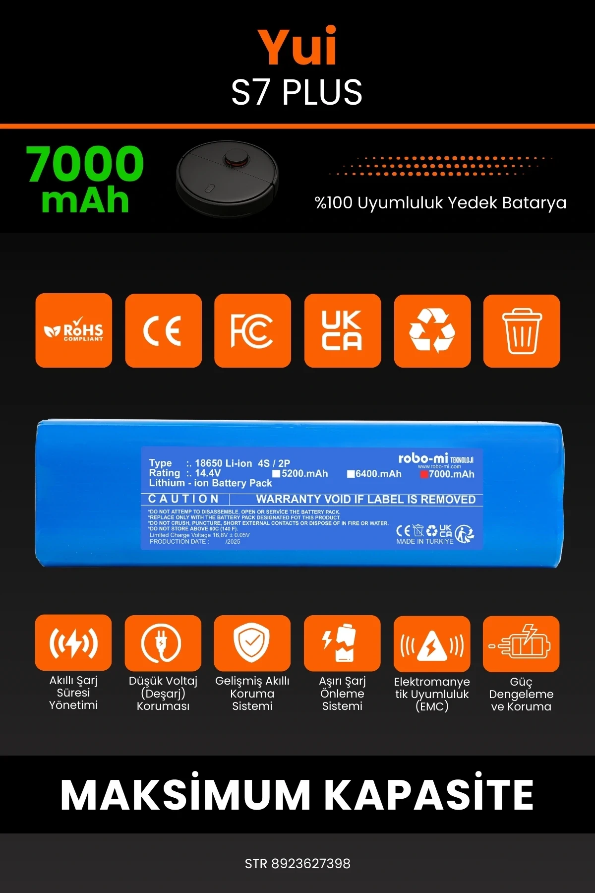 Yui S7 Plus 7000mAh Robot Süpürge Bataryası - Yüksek Yoğunluklu Li-ion Hücre