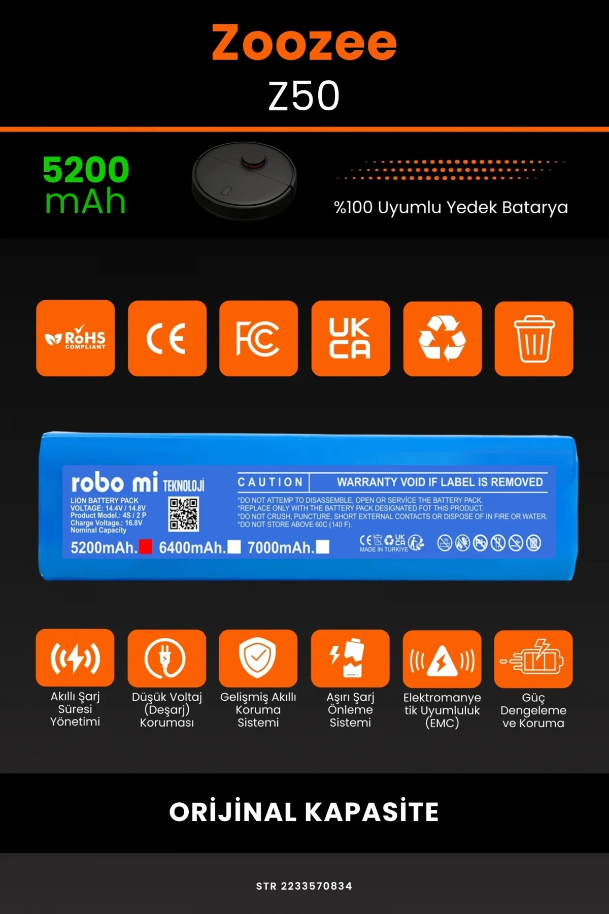 ZOOZEE Z50 5200mAh Robot Süpürge Bataryası - Sertifikalı Güvenlik, Gerçek Kapasite