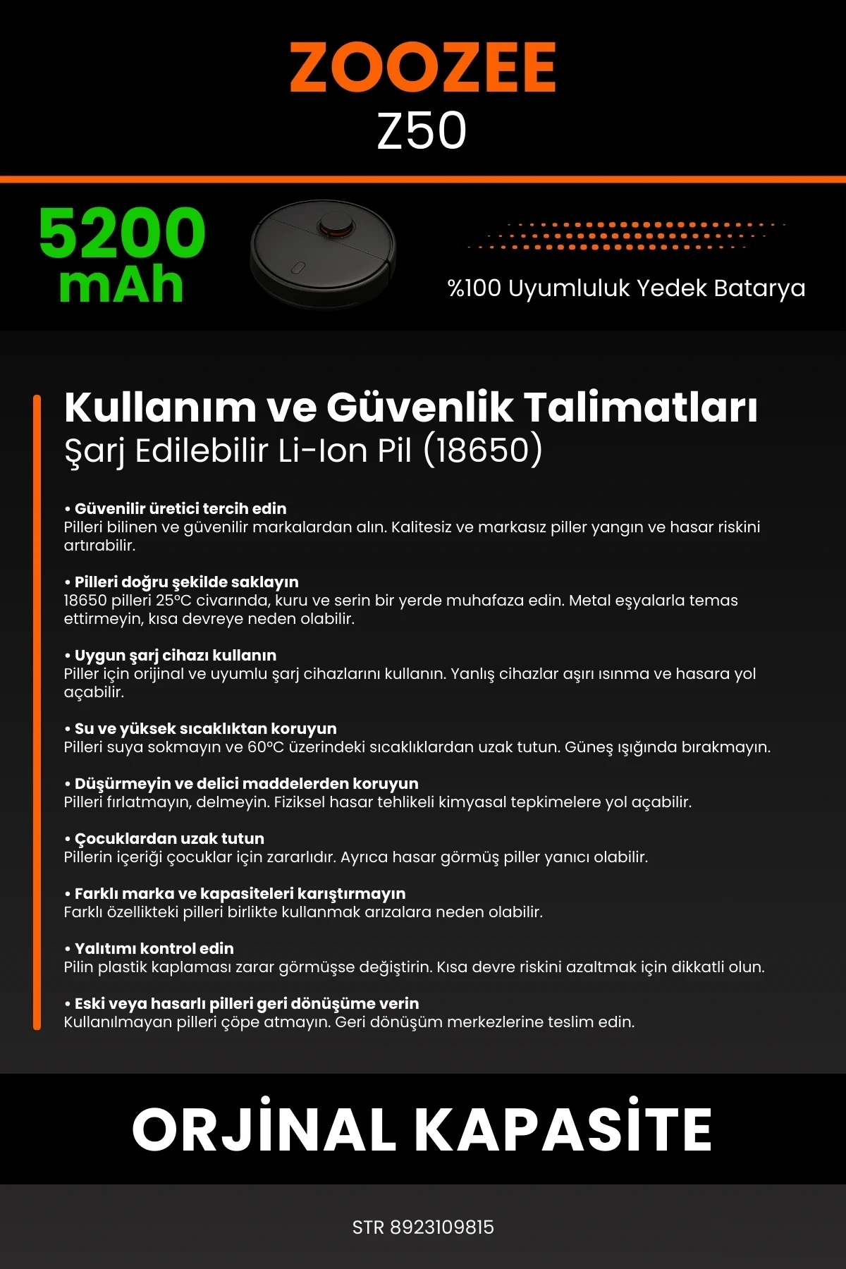 ZOOZEE Z50 5200mAh Robot Süpürge Bataryası - Sertifikalı Güvenlik, Gerçek Kapasite