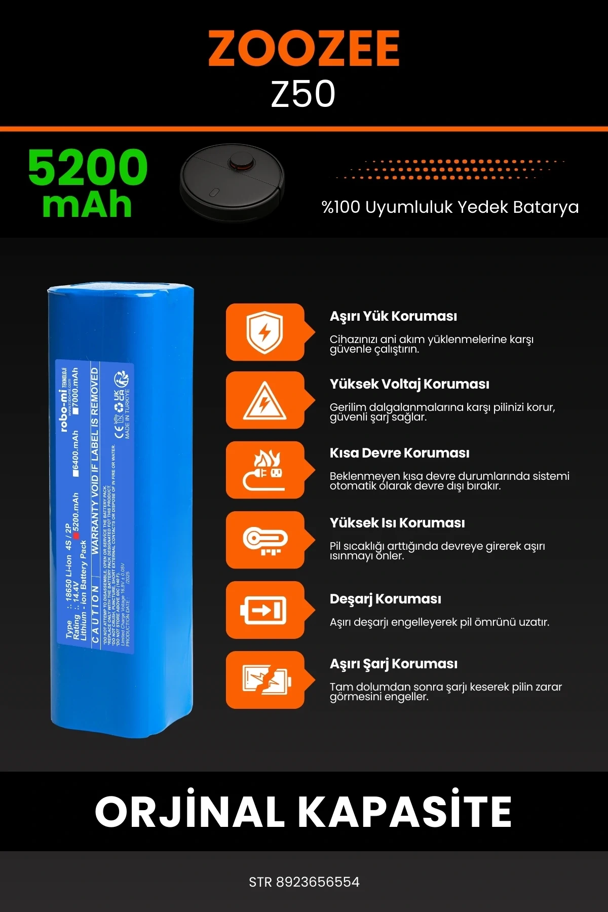 ZOOZEE Z50 5200mAh Robot Süpürge Bataryası - Yüksek Yoğunluklu Li-ion Hücre