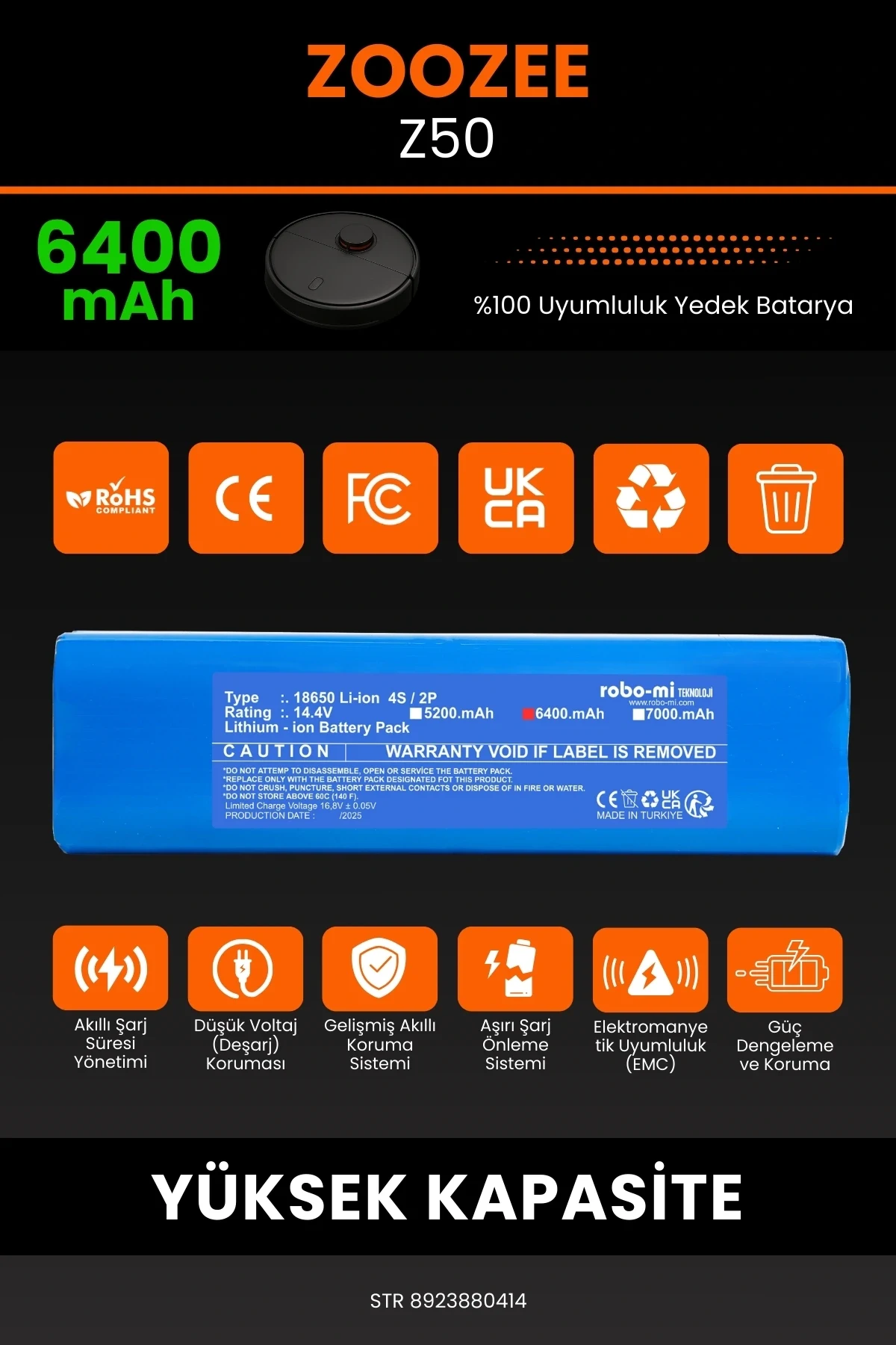 ZOOZEE Z50 6400mAh Robot Süpürge Bataryası - Koruma Katmanlı Batarya Teknolojisi