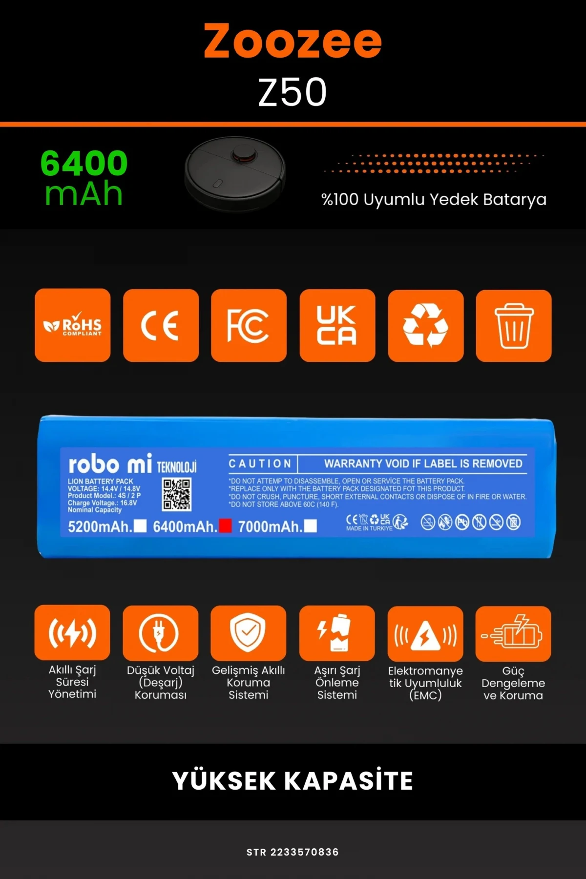 ZOOZEE Z50 6400mAh Robot Süpürge Bataryası - Yüksek Yoğunluklu Li-ion Hücre