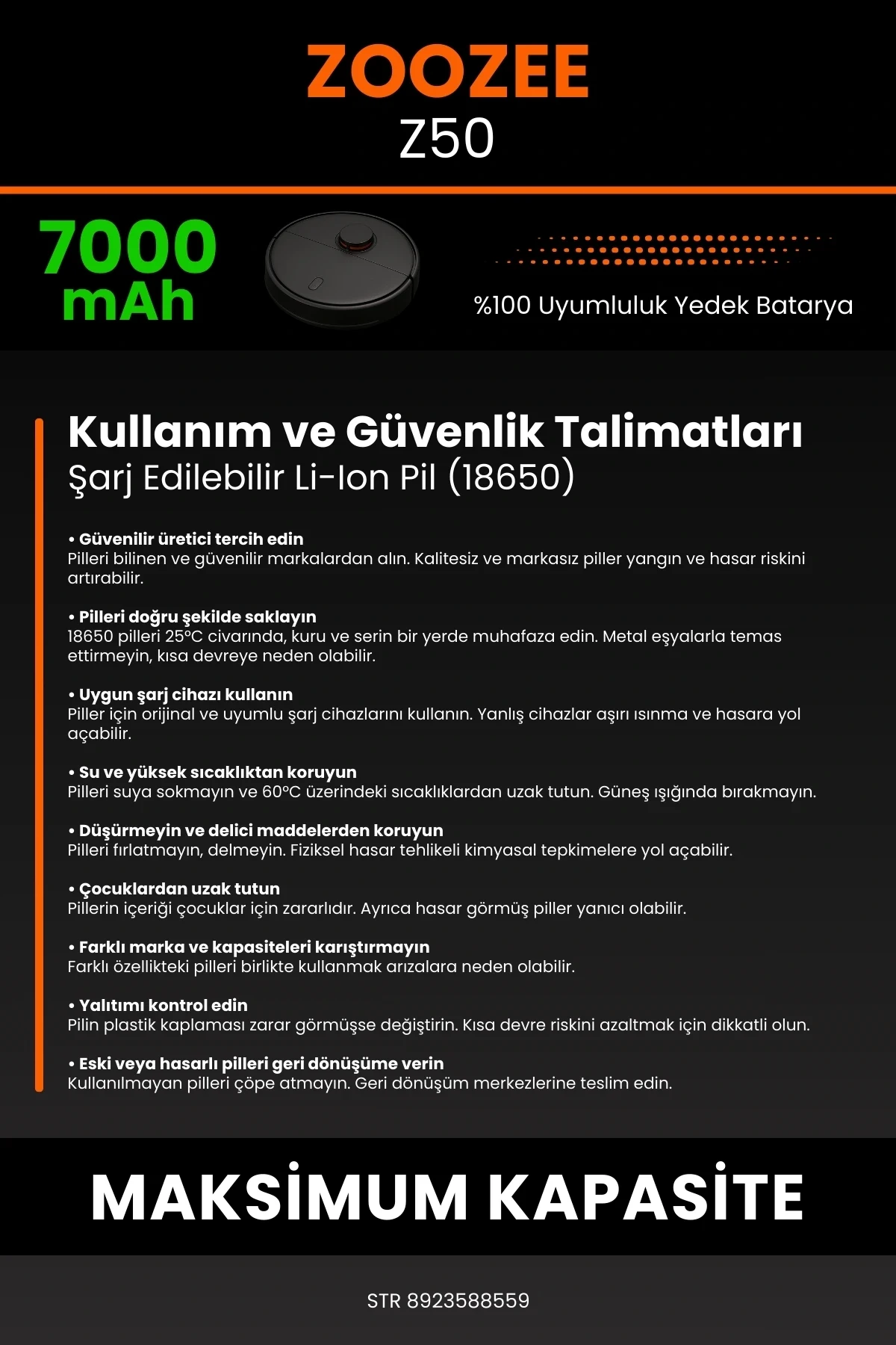 ZOOZEE Z50 7000mAh Robot Süpürge Bataryası - Gerçek Kapasite, Maksimum Güvenlik