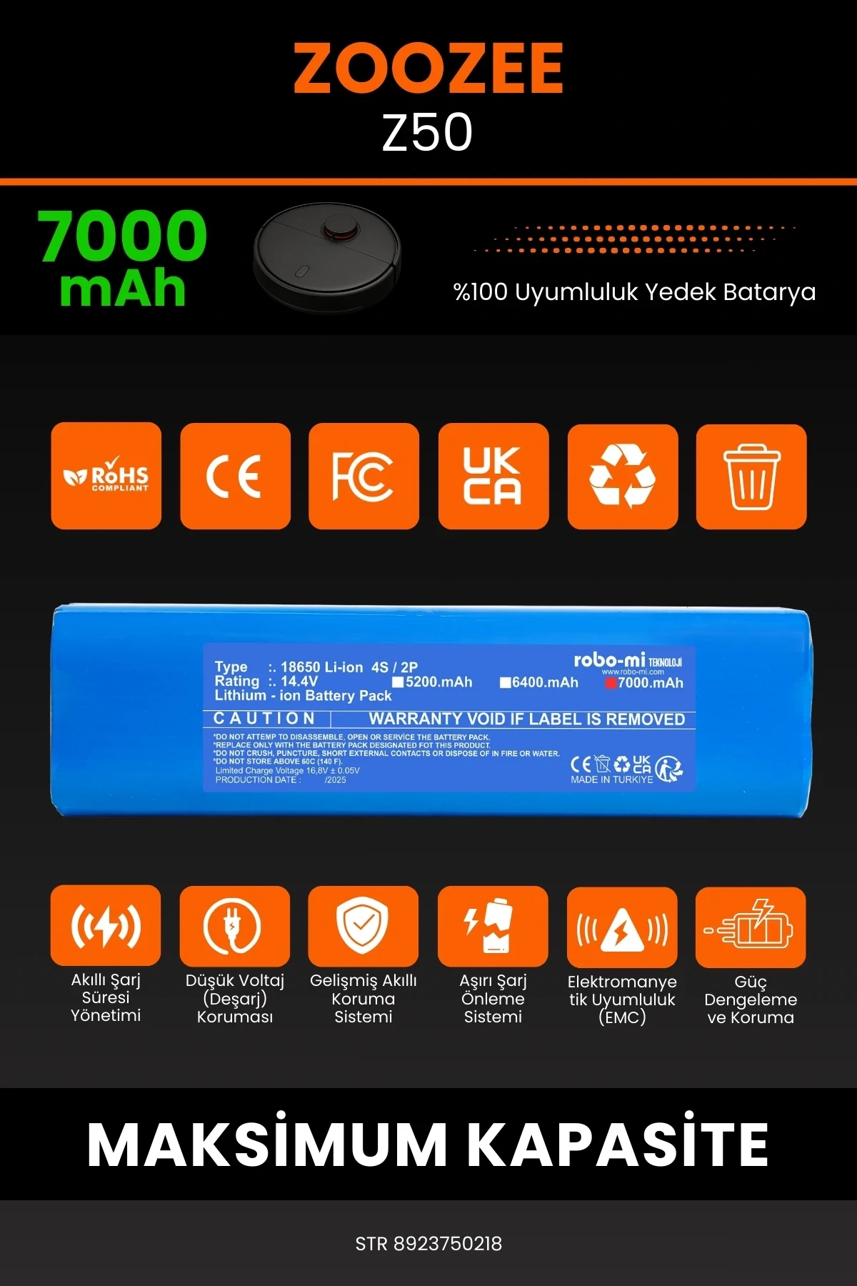 ZOOZEE Z50 7000mAh Robot Süpürge Bataryası - Koruma Katmanlı Batarya Teknolojisi