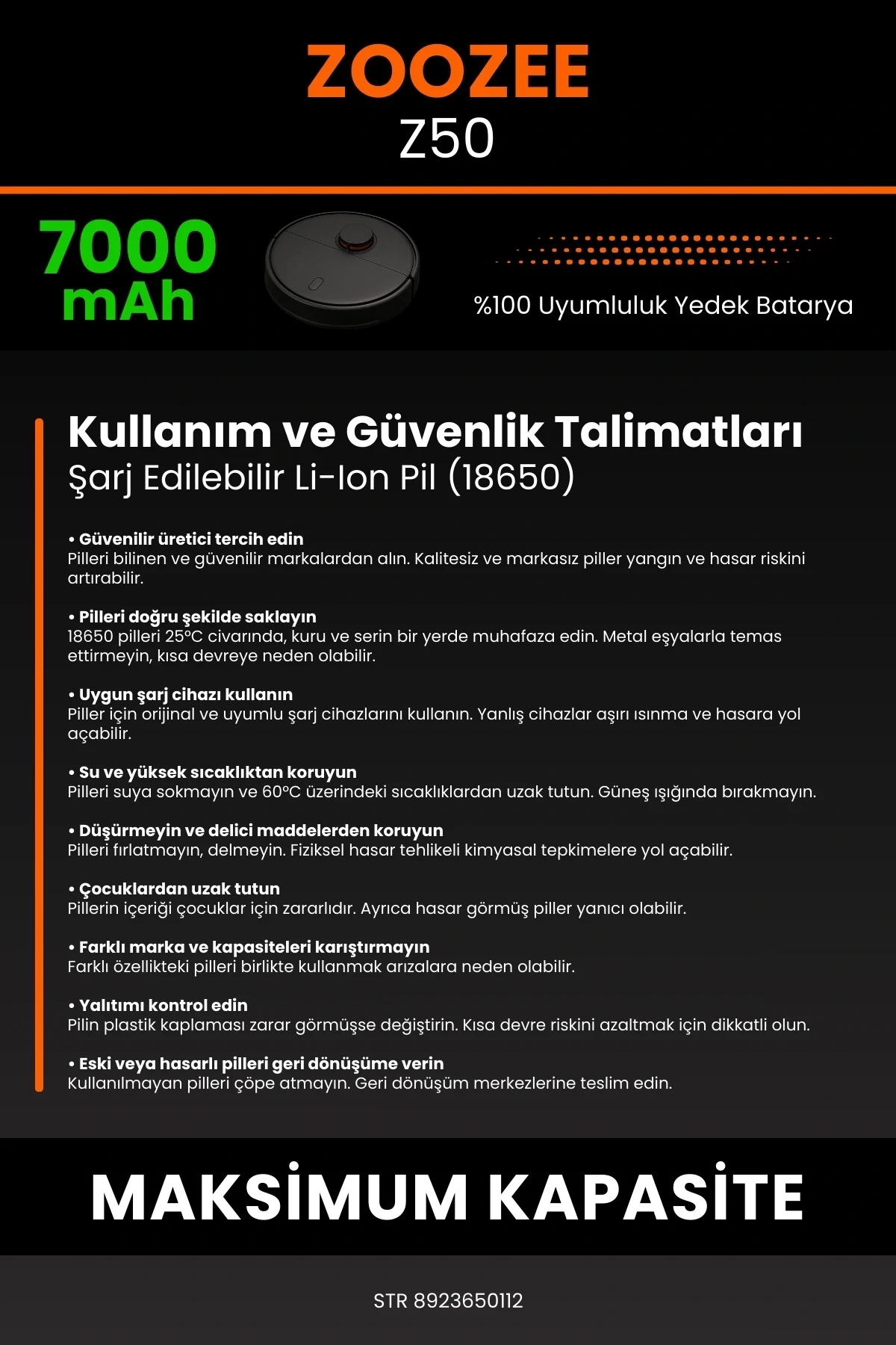 ZOOZEE Z50 7000mAh Robot Süpürge Bataryası - Sertifikalı Güvenlik, Gerçek Kapasite