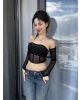 Siyah Straplez Taşlı Crop