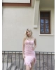 Pembe Büzgü Detay Dantel Elbise