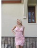 Pembe Eteği Fırfırlı Gloplu Elbise
