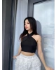 Siyah Keten Bağlamalı Crop