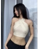 Bej Keten Bağlamalı Crop